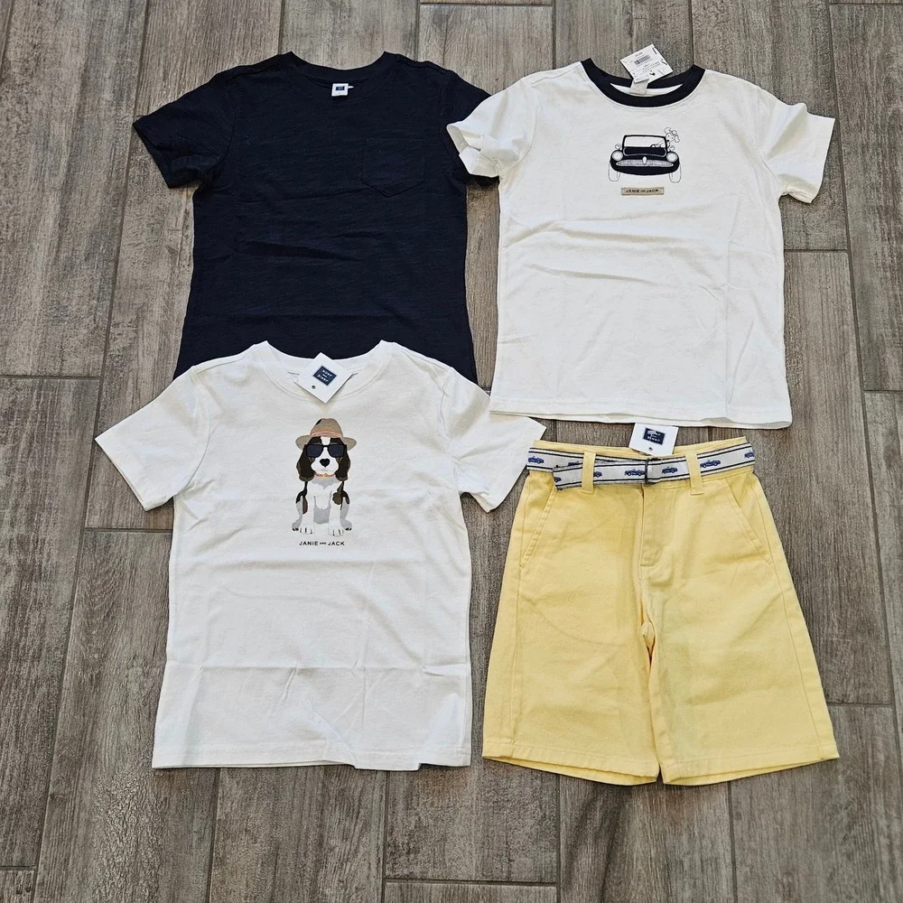 Janie and Jack Tee Shorts Lot of 4 Boys 6 NEW Blue White Yellow Dog Car Preppy